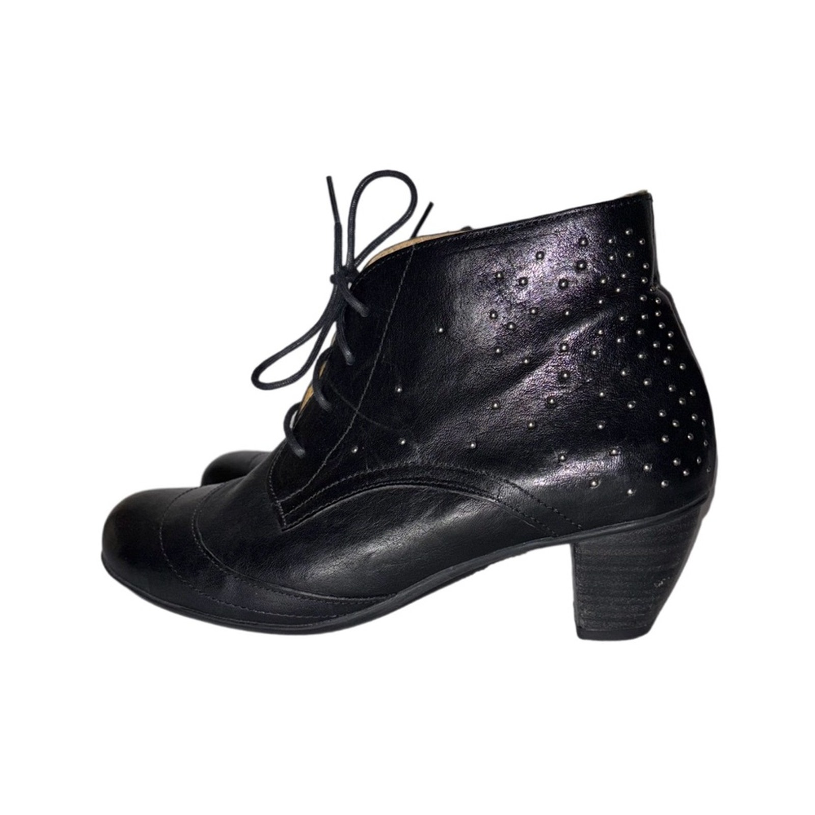 Brako Black Bootie Women's Size 7.5 Eu38 Leather Lace Up Studded Stacked Heel